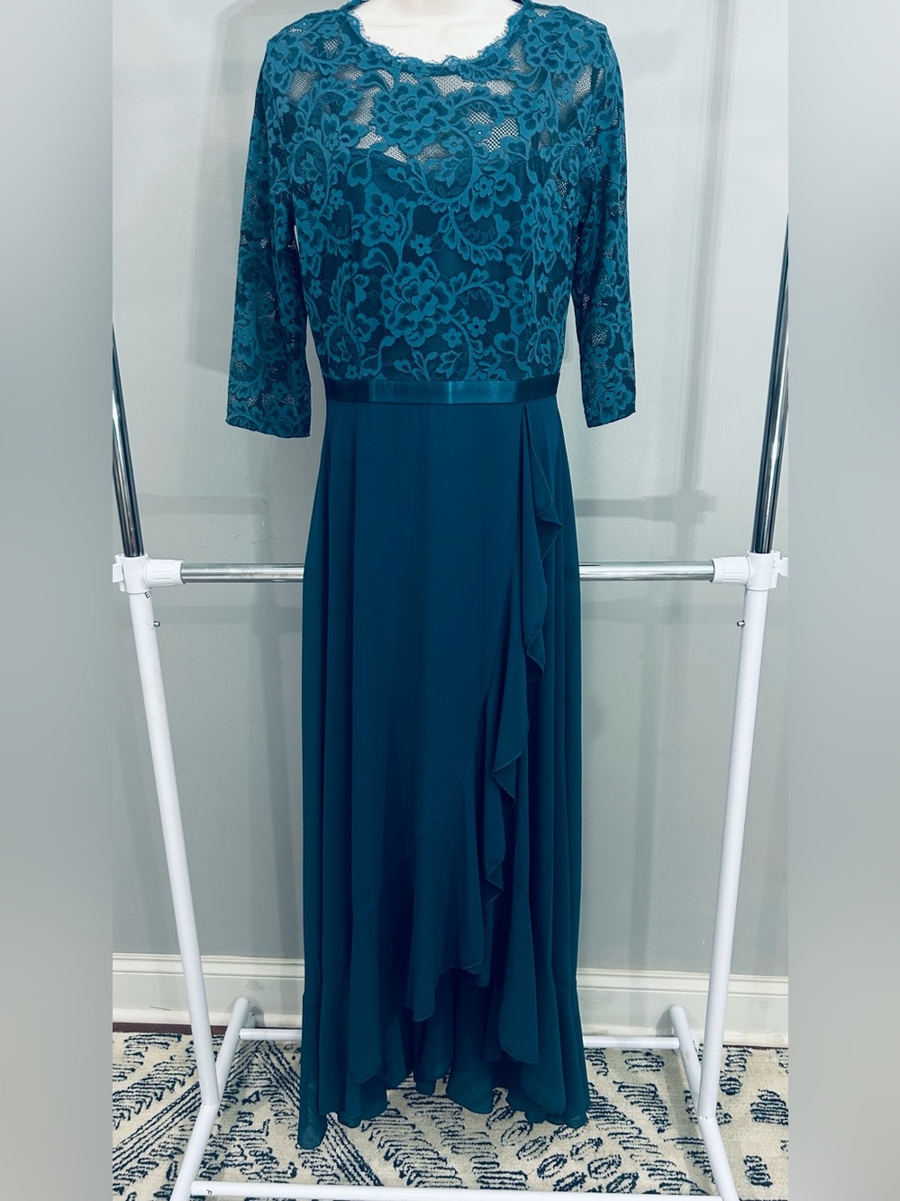 Miusol Teal Lace Bodice Long Sleeve Evening Gown